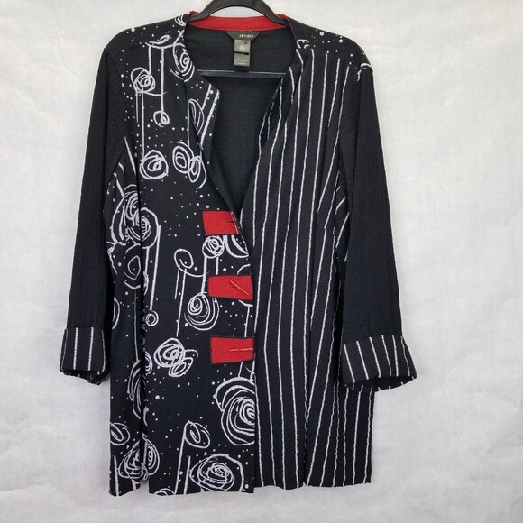 Ali Miles Woven Jacquard Button Front Jacket Women's 1X Black Red Artsy Blouse - Picture 1 of 12